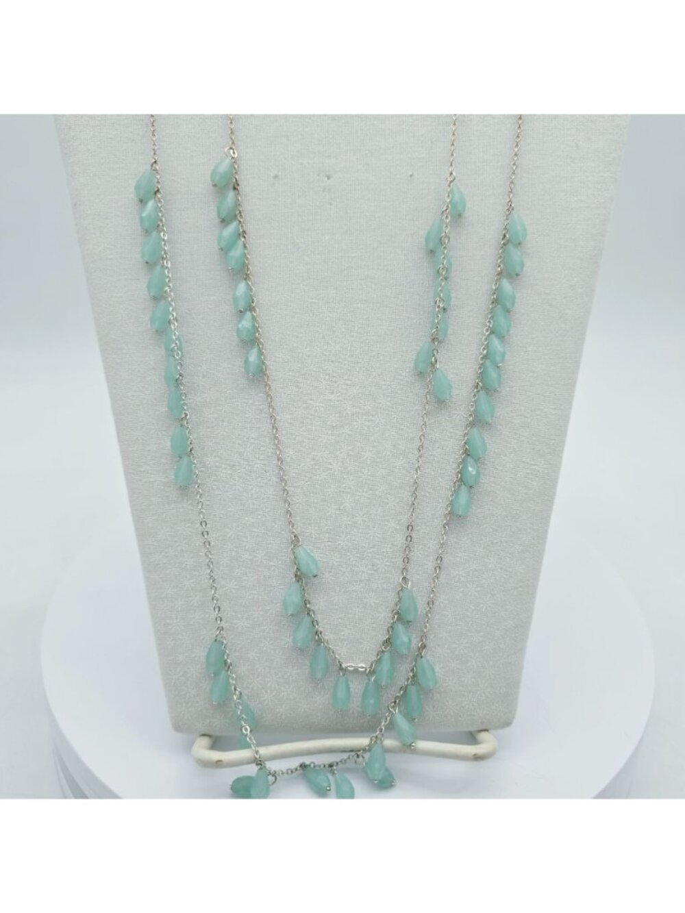 Silver-Tone Necklace & Dangle Earrings Set Aqua Blue Bead Avon - Picture 3 of 7